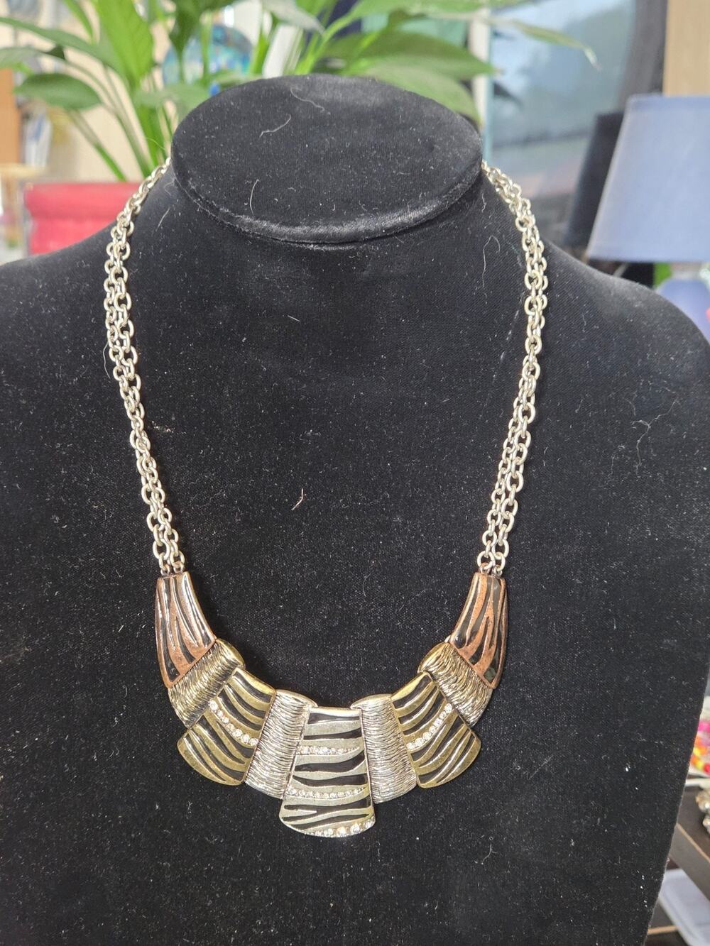 Multitone Silver Gold & Copper Abstract Bib Statement Necklace #AEN8